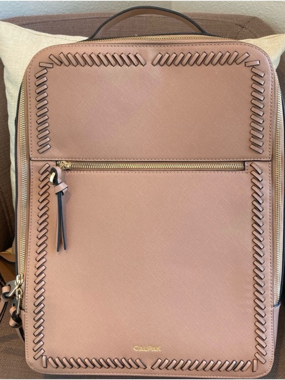 Calpak Dusty Rose Leather-Trim Backpack with Whipstitch Detail
